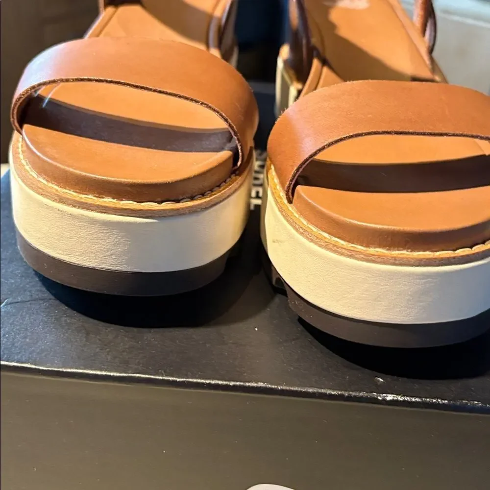 Sorel Joanie IV Y strap wedge leather sandals velvet tan blackened brown size 9
